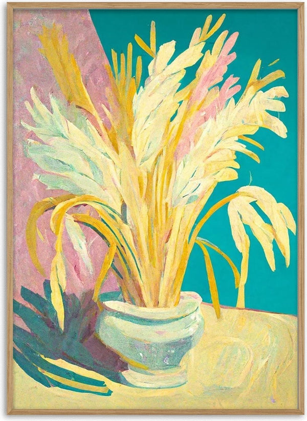Painting of yellow and pale pink leaves in a vase on a table, featured on Forever by David Wolf product page.