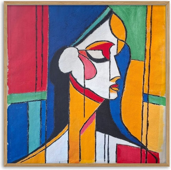 Fragmented by Naïve Art by YLR - a cubist profile face against blocks of cobalt, red and yellow