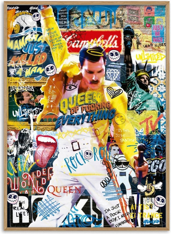 Colorful collage art of Freddy Mercury surrounded by graffiti, music icons, and bold text elements.