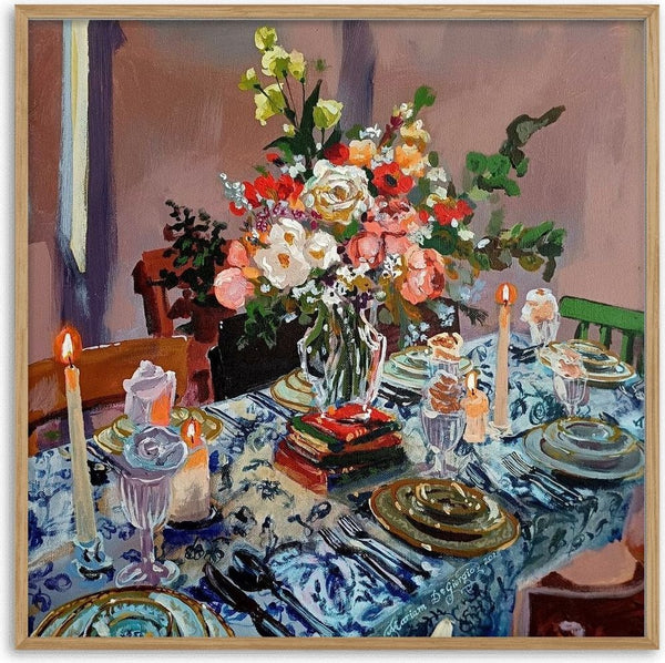 Friday banquet no. II by Mariam De Giorgio — a candlelit table laid with a blue-and-white cloth and a large bouquet of roses and peonies.