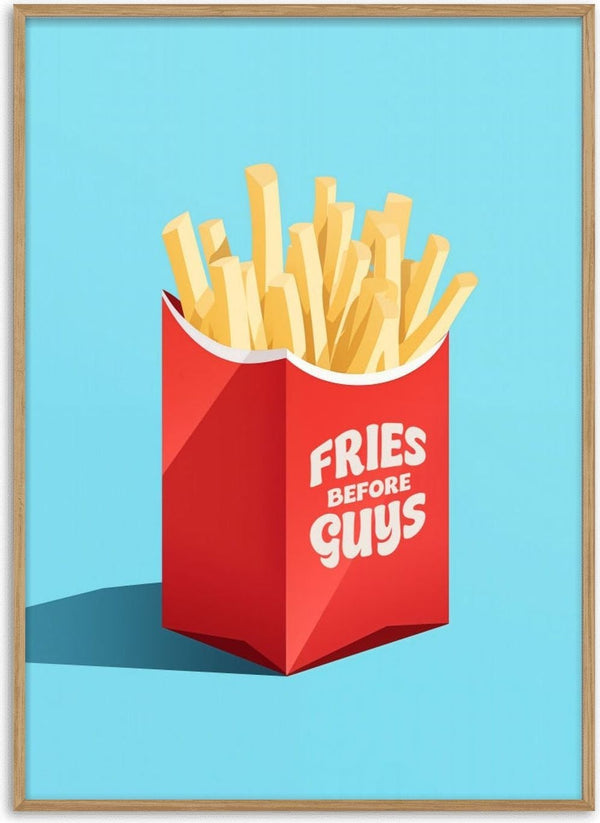 Illustration of fries in a red carton labeled "Fries Before Guys" against a light blue background.