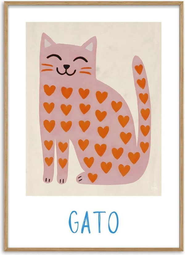 Gato by Interiorisla - a smiling pink cat covered in orange hearts with hand-lettered type