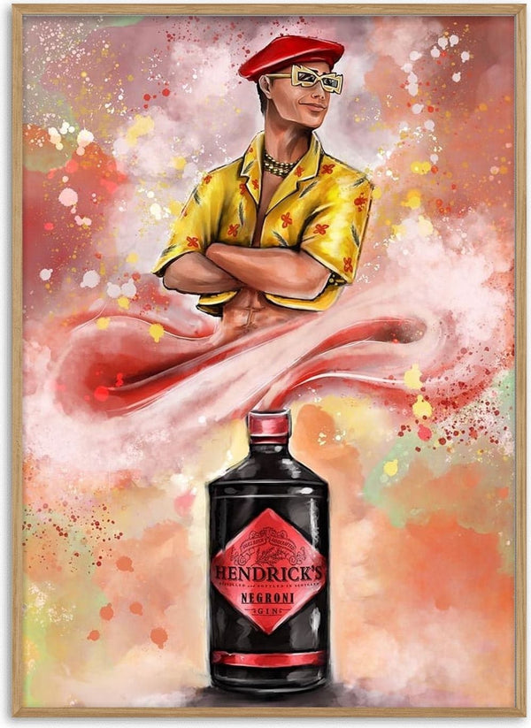 Artistic image of a stylish person with crossed arms above a Hendrick’s Negroni bottle, colorful background.