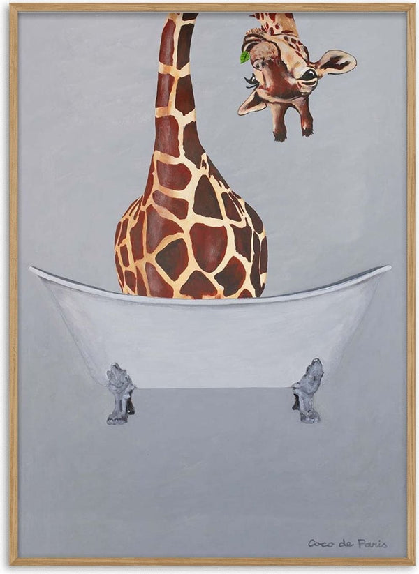 A whimsical giraffe stands in a white bathtub, artwork by Coco de Paris against a gray background.