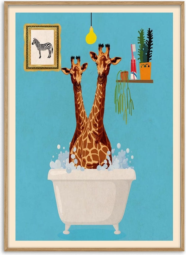 Two giraffes in a bathtub with bubbles, surrounded by bathroom decor, on a blue background.