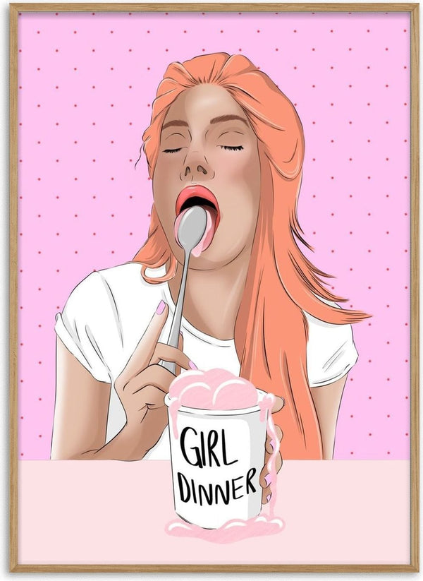 Girl Dinner by Lisen Vennesland - a woman eating pink ice cream from a tub on a dotted pink ground