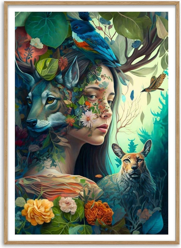 Surreal portrait of a girl blended with forest animals, flowers, and leaves for Girl of The Forest by Thomas Nordentoft.