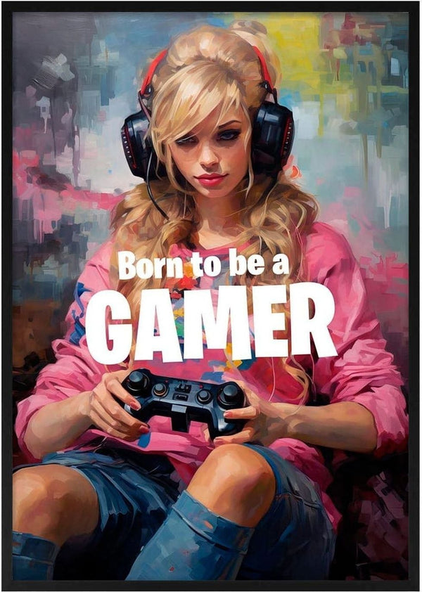 Teen girl in headset and pink shirt holding a game controller with "Born to be a GAMER" text.