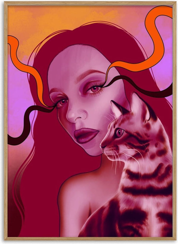 Glow And Purr by Sabrina Rosenblatt - a woman with long pink hair leaning towards a tabby cat