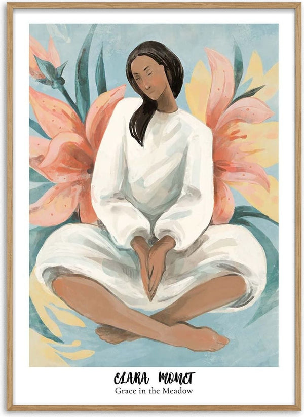 An illustrated woman in a white dress sits cross-legged with flowers and leaves behind her; "Grace in the Meadow."