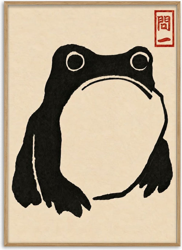 Grumpy Toad II Black by Matsumoto Hoji – round frowning black toad on beige paper