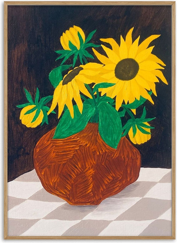 Gula blomster på rutig duk by Rebecka Hansson - sunflowers in a rust-orange vase on a grey checked cloth