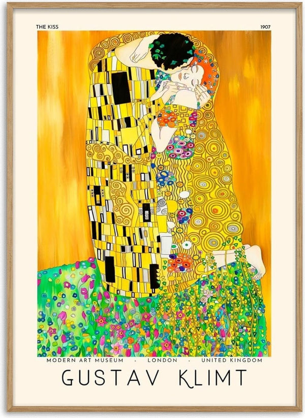 The Kiss by Gustav Klimt, a couple embracing in gold patterns on a vibrant floral field.