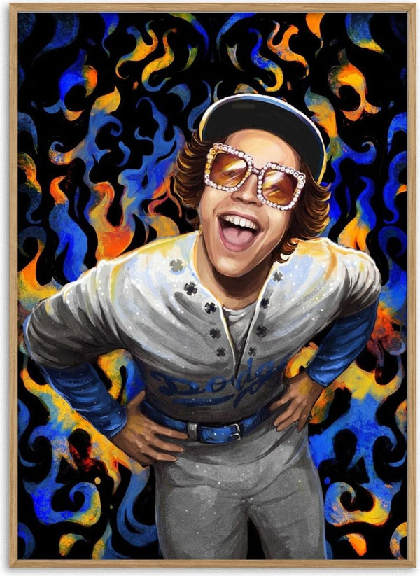 A vibrant poster of a smiling person in baseball attire with sunglasses, set against a colorful flame background.