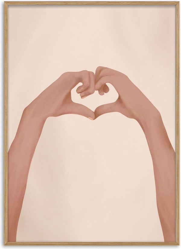 Two hands forming a heart shape on a soft beige background.