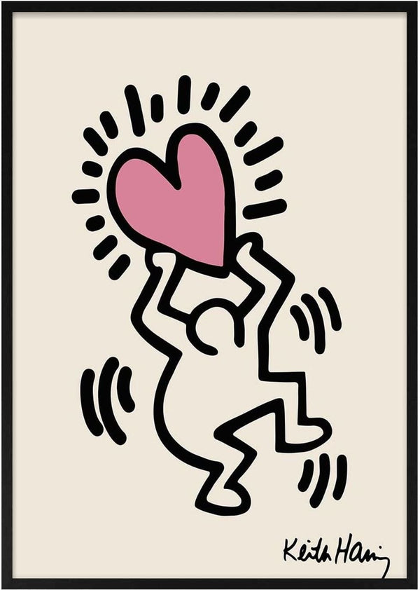 A stylized figure holding a large pink heart above its head, Hearthead artwork by Keith Haring.