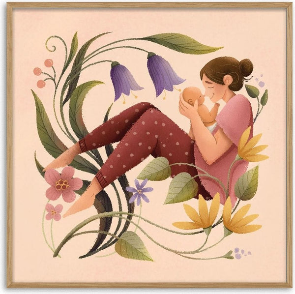 Hello Baby 2 by Justyna - mother holding her newborn among bellflowers on peach