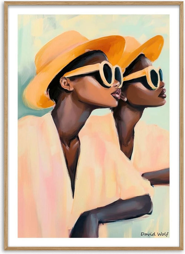 Painting of two women in yellow hats and sunglasses, side by side. Artwork by David Wolf for Hey Look.