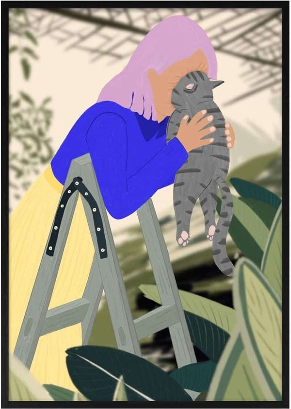 Illustration of a person on a ladder hugging a gray tabby cat, surrounded by lush green plants.
