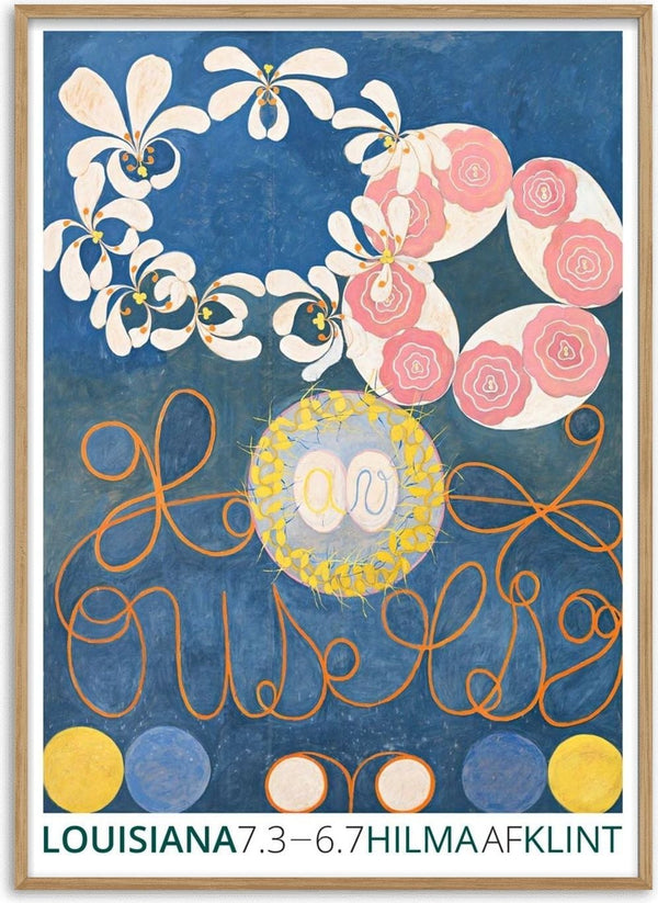 Abstract floral artwork by Hilma af Klint with swirling shapes and pastel flowers on a blue background.