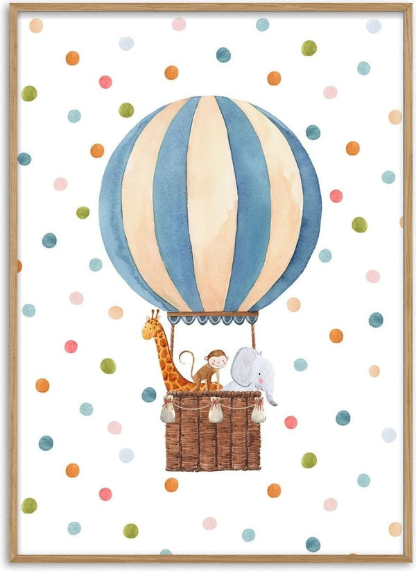 Whimsical hot air balloon with a giraffe, monkey, and elephant in the basket against a polka dot background.
