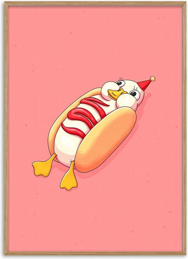 Cartoon of a duck dressed as a hot dog with ketchup, wearing a red hat, on a pink background.