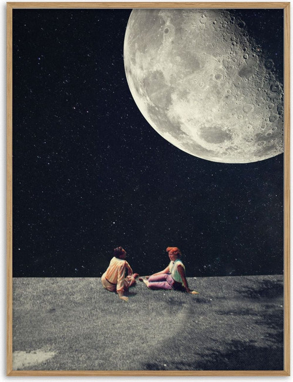 Two people sit together under a large, bright moon in a starry night sky—art by Frank Moth.