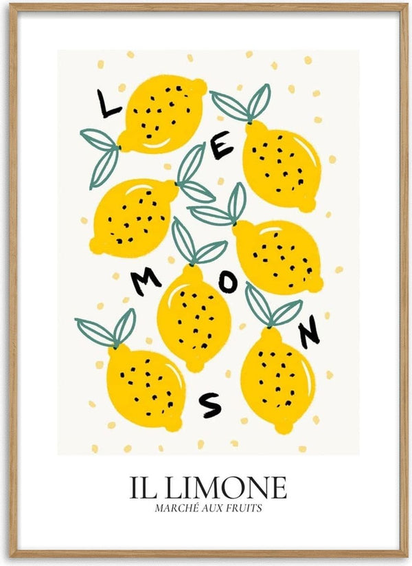 Illustrated lemons with green leaves and scattered letters spelling "LEMONS", labeled "IL LIMONE" at the bottom.