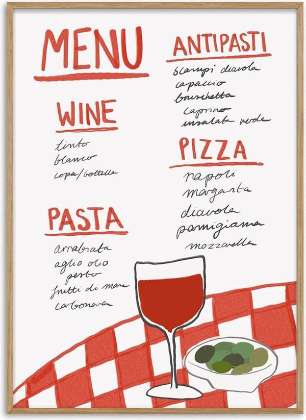 Illustrated Italian menu with wine, pasta, antipasti, and pizza options beside a glass of red wine and olives.