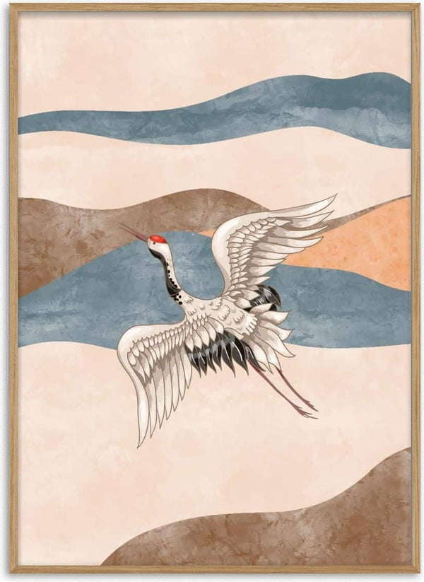 Japanese crane flying over abstract pastel waves, featured on a stylish art print poster.