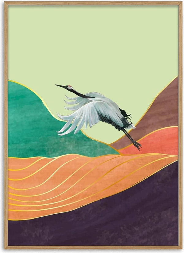 Illustration of a crane flying over stylized Japanese mountains with green, orange, and purple tones.