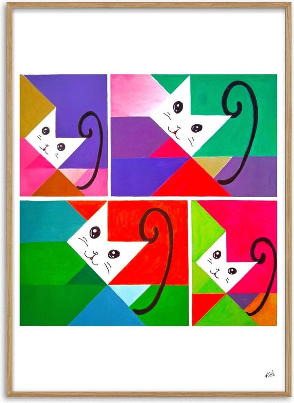JUST FOUR CATS by NKo - four geometric white cats on bright triangular colour fields