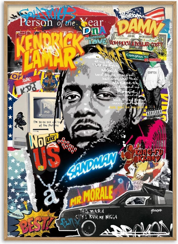 Collage featuring Kendrick Lamar’s portrait, album titles, and graffiti-style text for Ricardo Noble's product page.