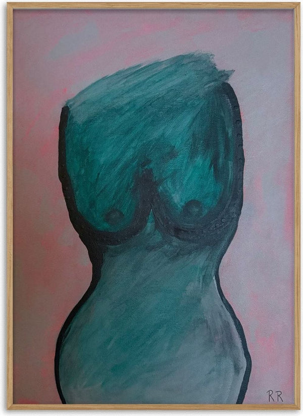 Kroppen by RR - a teal painted torso, armless and headless, on a pink and grey ground