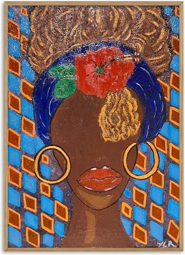 La Dominicana by Naïve Art by YLR - faceless woman with red lips, gold hoop earrings and a hibiscus in a blue headwrap