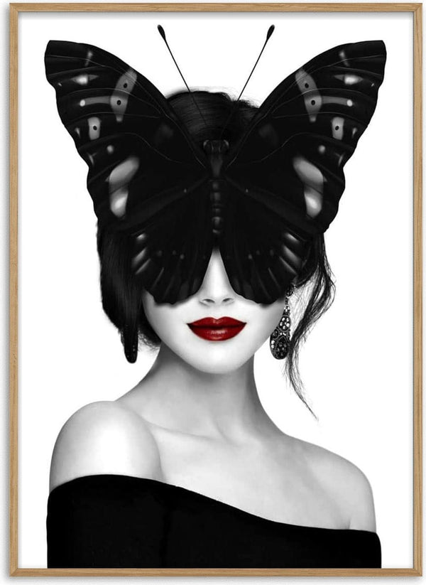 Artistic poster of a woman with red lips and a butterfly covering her eyes, titled Lady butterfly.