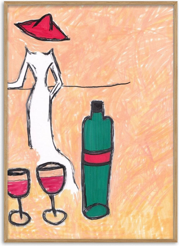 Lady in the Red Hat by Camilla Nilsson - a line-drawn figure in a white dress with a red hat, a green bottle and two glasses of red wine