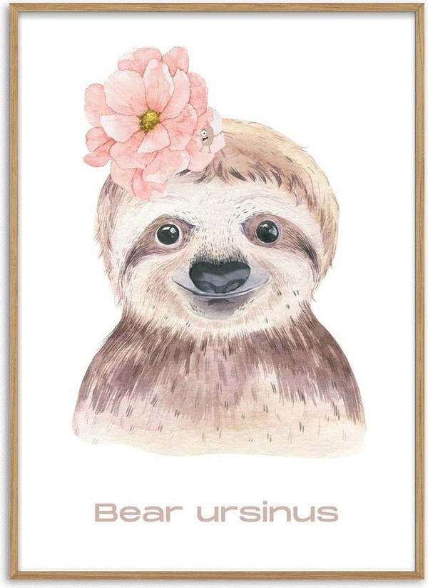 Cute illustrated læbebjørn with a pink flower on its head, perfect for children's room decor.