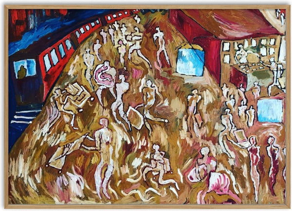 Leeds Train Station by Will Black - a red train above an ochre mound covered with pale figures