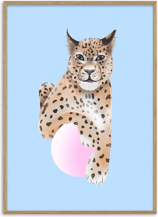 Leo poster by Lisen Vennesland with a leopard blowing a pink bubblegum bubble on a blue background