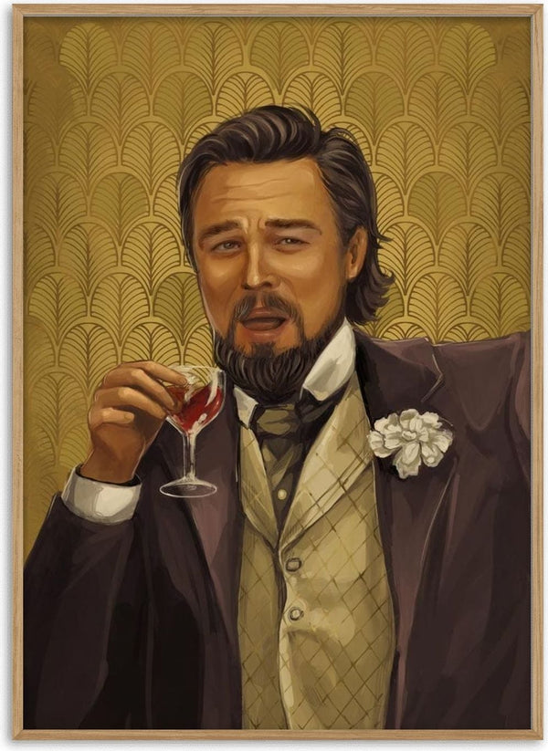 Illustration of a stylish man in vintage attire holding a drink, featured on the Leonardo Candy Unchained Plakat.