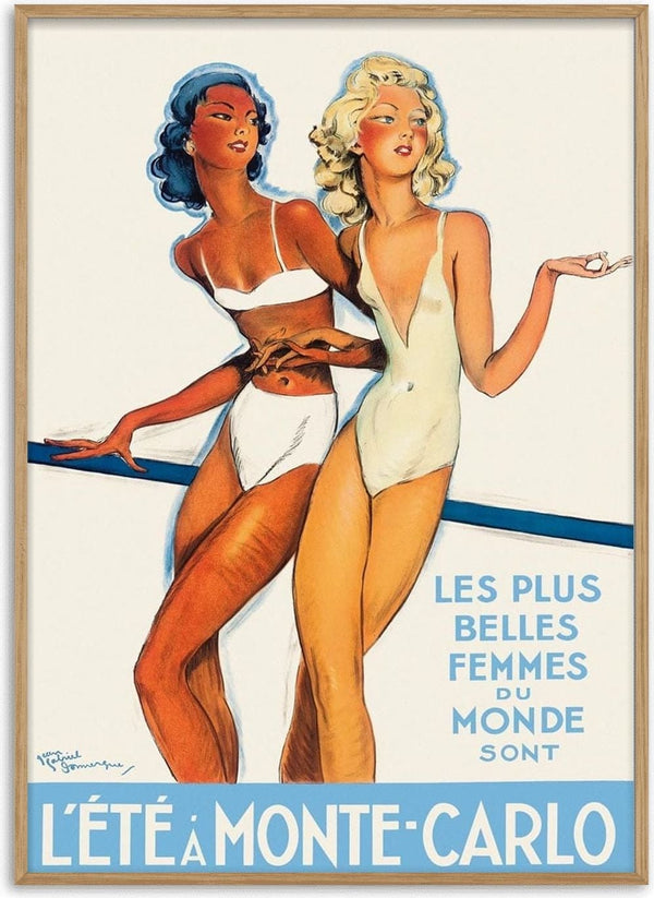 Two women in vintage swimsuits standing together, with "L'Été à Monte-Carlo" written at the bottom.