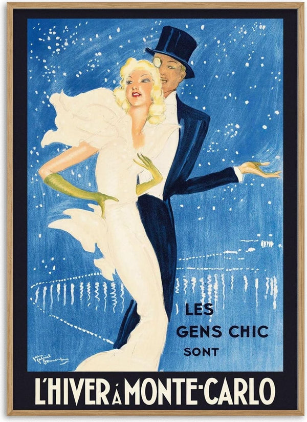 Elegant couple dancing in formal attire with snowy Monte Carlo backdrop, vintage L’Hiver à Monte-Carlo poster.