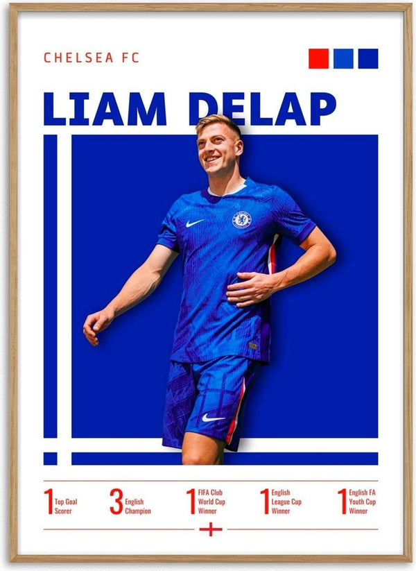 Poster of Liam Delap in a Chelsea kit with team stats and accolades, blue background, "Chelsea FC" at top.