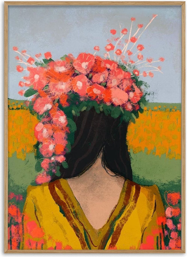 Person in a yellow dress with long dark hair, wearing a crown of pink flowers, stands in a field.