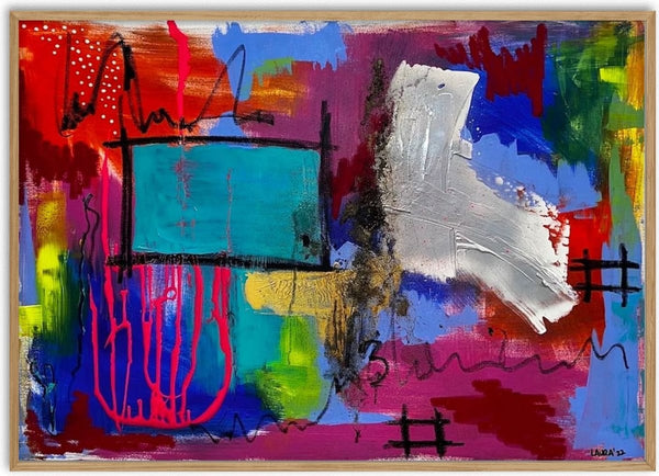 Living in Blaricum II by Laura Notari - turquoise square on red and cobalt with silver shapes and black scribbles
