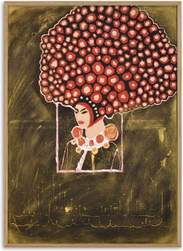 Madame Rose by Ali Kasap - a woman in profile with an afro of red roses on gold and black