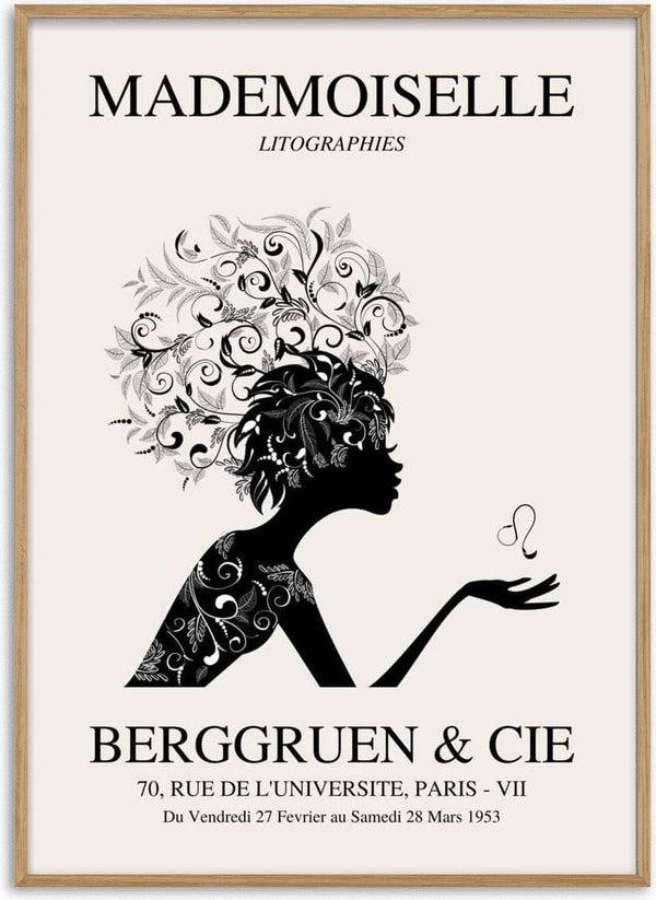 Poster for Mademoiselle exhibition #1 featuring a floral silhouette of a woman and event details in Paris, 1953.