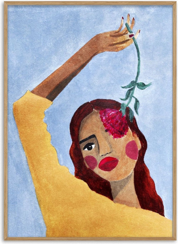 Painting of a woman with red hair holding a pink flower to her face, titled "Magda with flower" by Raissa Oltmanns.