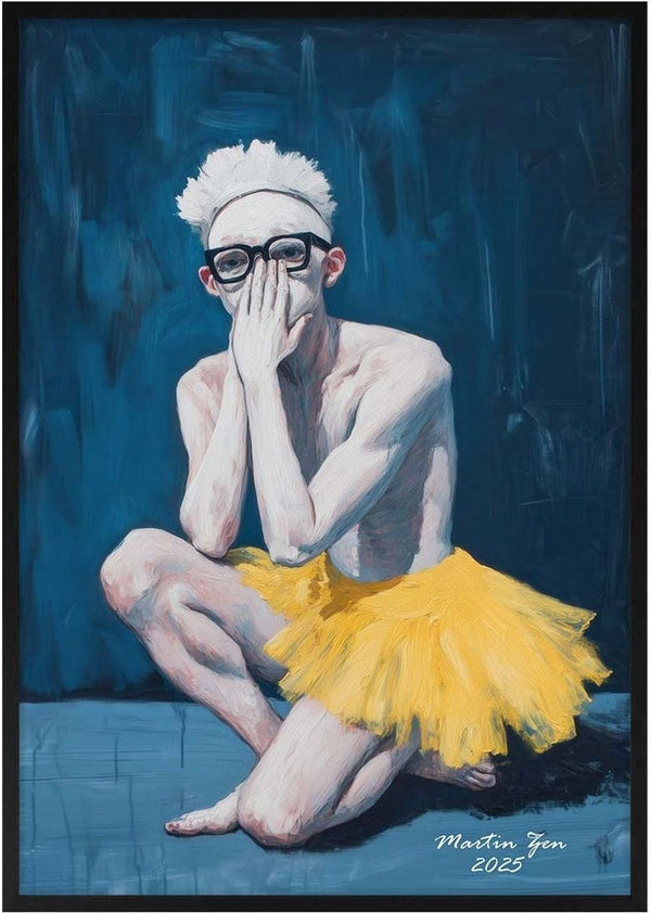A person in a yellow tutu and glasses crouches on a blue floor, cover­ing their mouth. Art by Martin Zen.